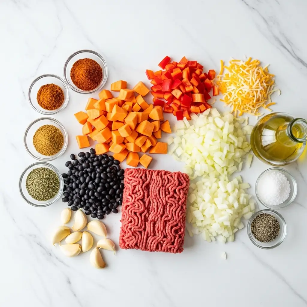 Ingredients for Southwestern Ground Beef Sweet Potato Skillet