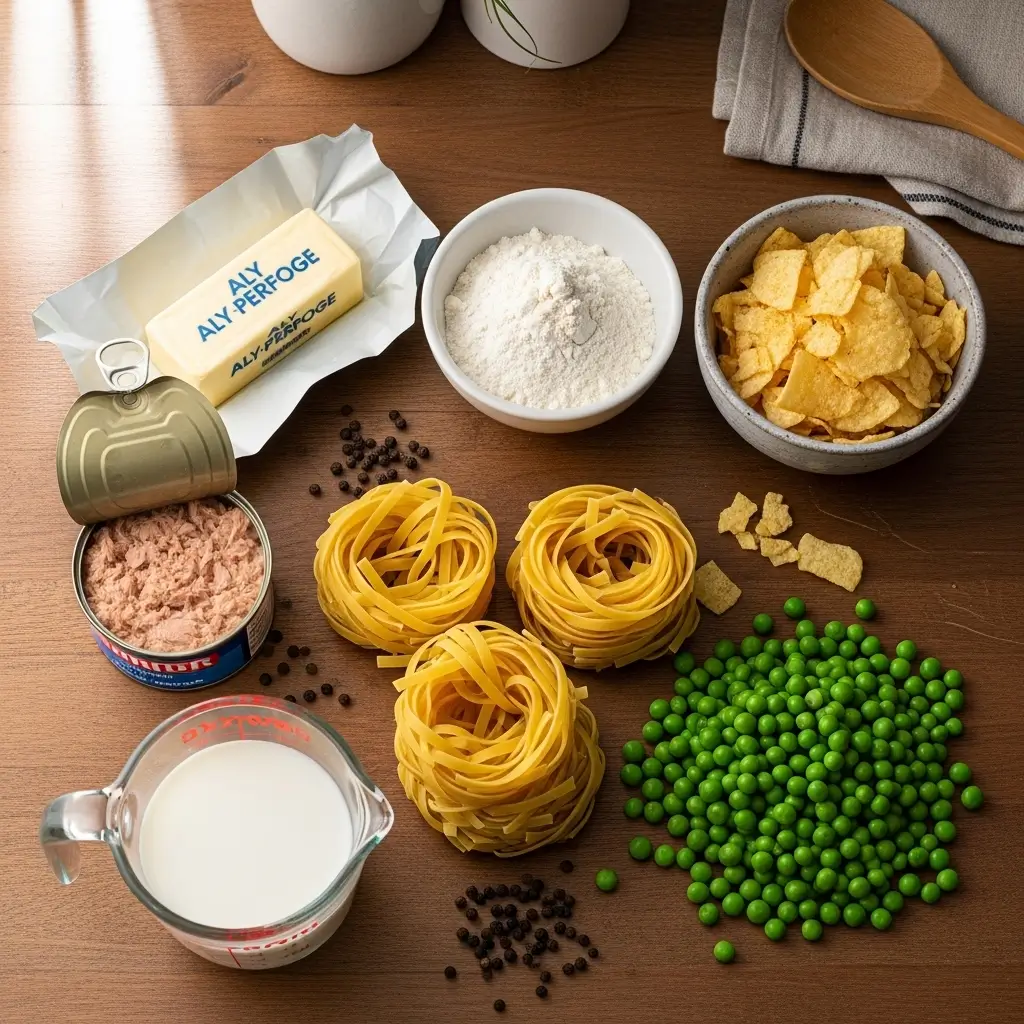 Ingredients for stove top tuna noodle casserole