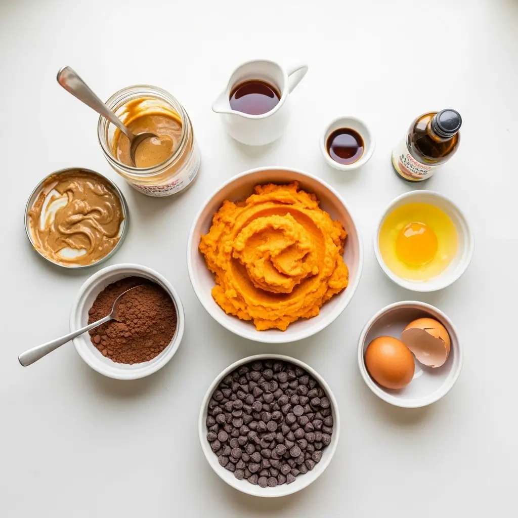 Ingredients for flourless sweet potato brownies laid out