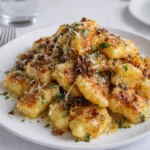 Best French Onion Gnocchi bubbling in cast iron skillet