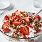 Best Strawberry Crackle Salad in a white bowl with crunchy topping