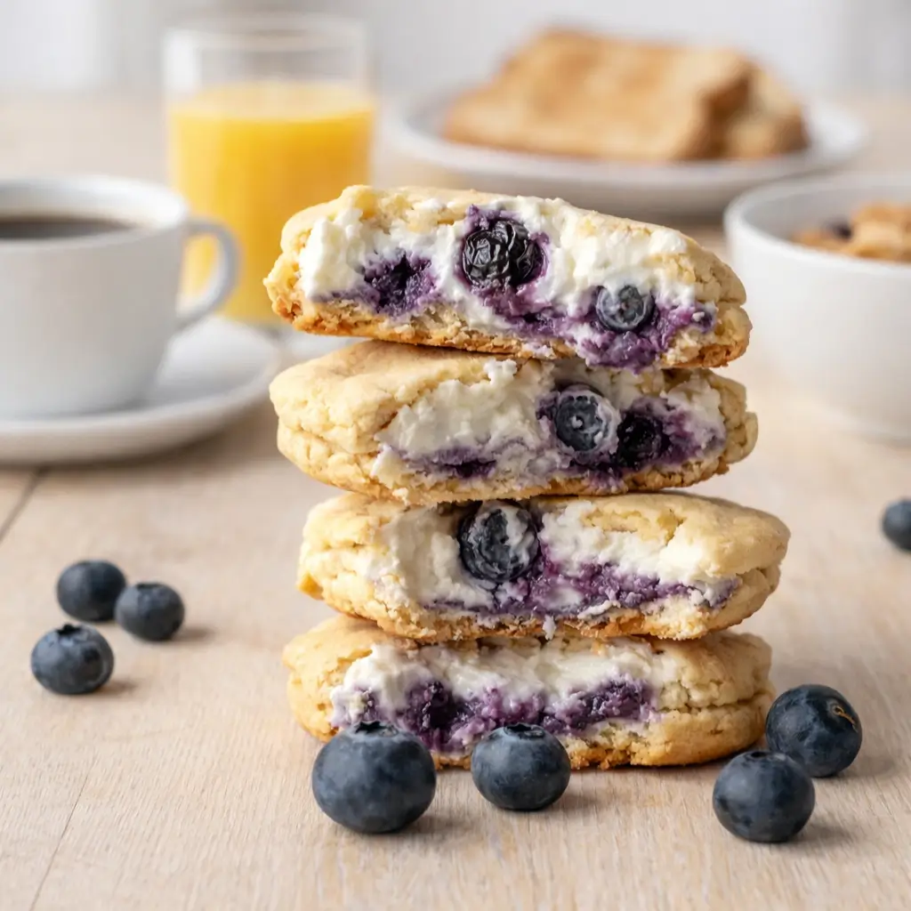 blueberry cheesecake cookies stacked with creamy center
