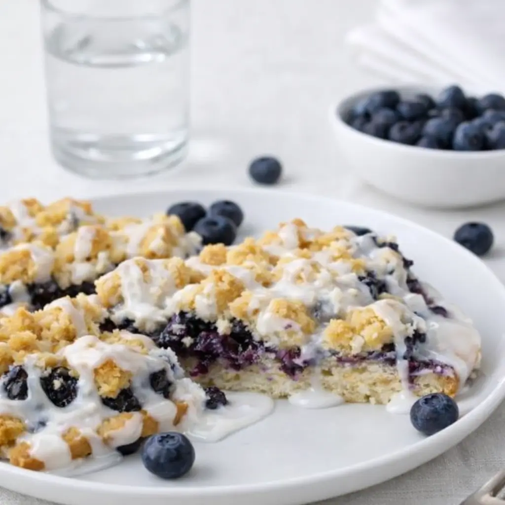 Blueberry Dessert Pizza with crumble and glaze