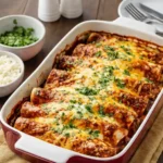 Cheesy Beef Enchiladas with Red Sauce baked in casserole dish