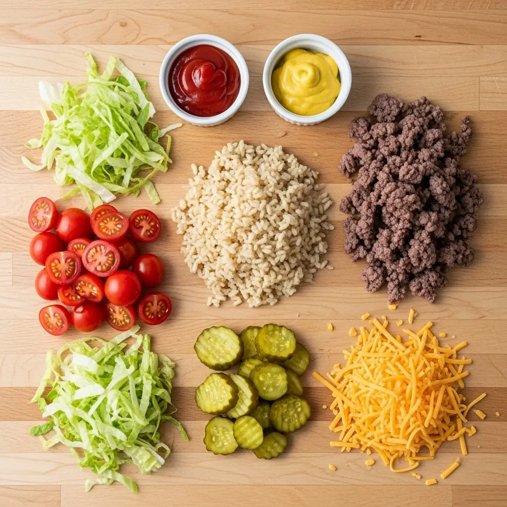 Ingredients for making High Protein Burger Bowls on wooden table
