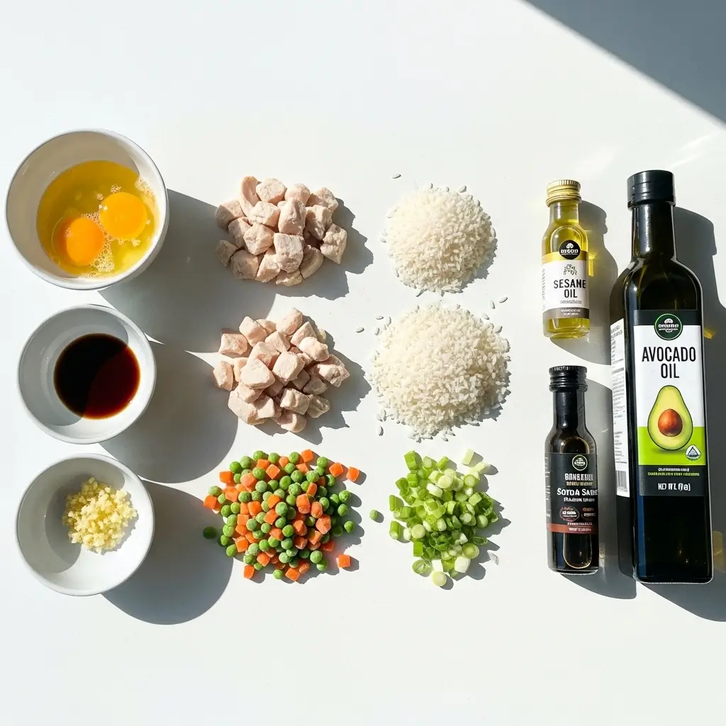 Ingredients for high protein chicken fried rice displayed on kitchen counter