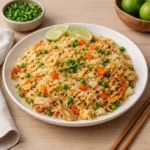 High protein chicken fried rice in skillet with veggies and chicken