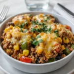 High Protein Unstuffed Peppers in a rustic baking dish
