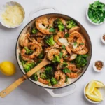 Keto Shrimp and Broccoli Skillet in cast iron pan