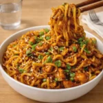 Sticky Garlic Chicken Noodles served in a bowl with garnishes