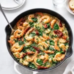 Creamy Tuscan Garlic Shrimp in a skillet