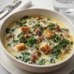 Zuppa Toscana Soup in bowl with bread and kale