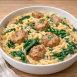 Best Creamy Chicken Sausage Orzo Skillet in a cast iron pan