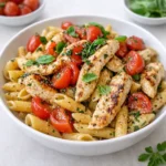 A vibrant bowl of Bruschetta Chicken Pasta topped with fresh basil and parmesan.