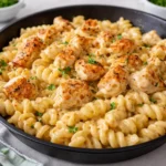 Cheesy Cajun Garlic Chicken Rotini Skillet in a cast iron pan garnished with parsley.
