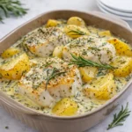 Cod and Potatoes in Rosemary Cream Sauce in a skillet