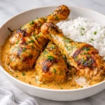 Creamy Paprika Chicken with Rice in a cast iron skillet