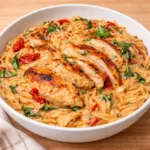 A skillet of Creamy Tuscan Chicken Orzo with sun-dried tomatoes and spinach.