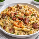 Easy Pappadeaux Mardi Gras Pasta in a bowl with shrimp and chicken
