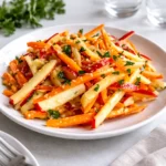 Fresh Carrot Apple Salad in a white bowl on a wooden table.
