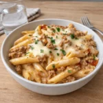 Gordon Ramsay Ground Turkey Pasta in a skillet with melted cheese