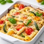 Healthy Baked Feta Pasta with Vegetables in a baking dish