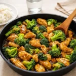 Healthy low-calorie chicken and broccoli stir fry on plate