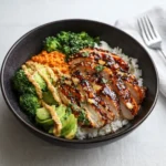 Healthy Sticky Chicken Bowls served with rice and colorful veggies