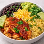 High Protein Chicken Enchilada Bowl in Ceramic Dish