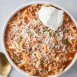 High protein lasagna soup served hot with cheese