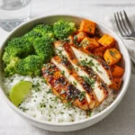 hot honey chicken bowls with rice and veggies