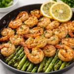 A skillet of Lemon Garlic Shrimp and Asparagus garnished with parsley