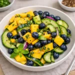 Mango Cucumber Salad with Blueberries and Avocado in a white bowl