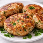 Golden brown Mediterranean Chicken Patties on a plate with lemon.
