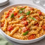 One pan creamy tomato pasta in a skillet
