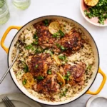 One Pan Greek Chicken and Lemon Rice dinner in skillet