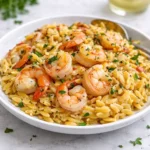 A steaming bowl of One-Pot Shrimp Orzo with lemon and parsley.