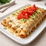 Queso Chicken Enchiladas baked with melted cheese and toppings