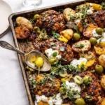 Sheet Pan Lemon Balsamic Chicken and Potatoes fresh from the oven