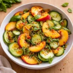 Spicy Peach Cucumber Salad in a white bowl on a wooden table