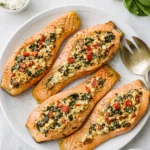 Stuffed Salmon With Spinach and Feta plated with lemon