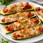 Delicious Stuffed Zucchini Boats with melted cheese and sausage sauce