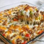 A hot Philly Cheese Steak Casserole in a skillet with melted cheese.