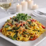 Vegetable Primavera Pasta in a bowl with colorful veggies and Parmesan