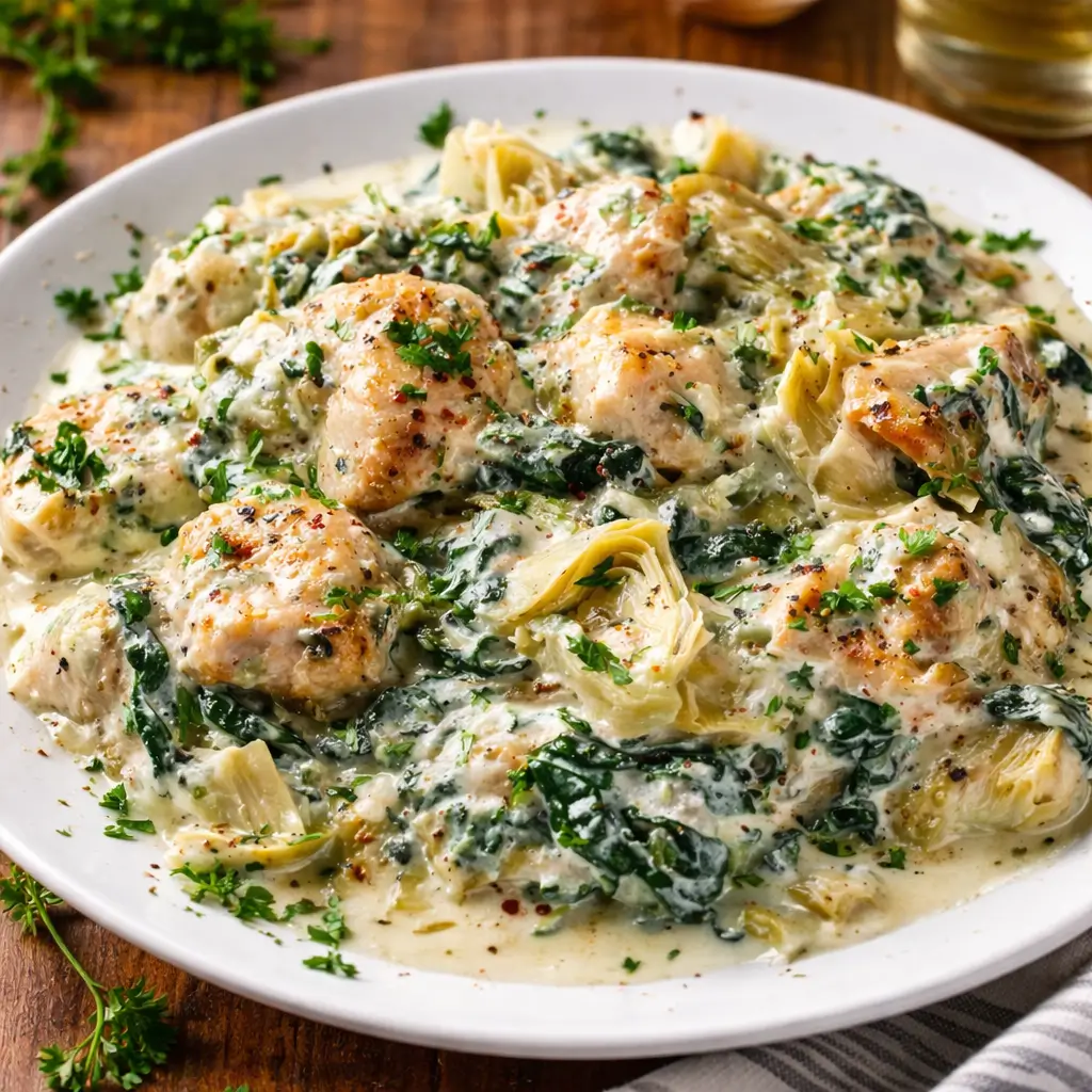 High Protein Spinach Artichoke Chicken Casserole