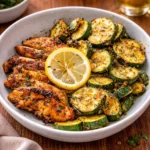 A platter of Asado Chicken with Lemon Zucchini Sauté garnished with lemons