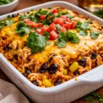 A bubbling Best Chicken Taco Casserole topped with melted cheese and fresh cilantro.