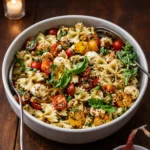 A large bowl of Bruschetta Pasta Salad with tomatoes and mozzarella.