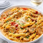 A skillet of creamy Cajun sausage pasta with andouille and peppers