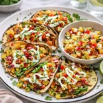 A plate of three vibrant Chili Lime Chicken Tacos with pineapple salsa and avocado crema.